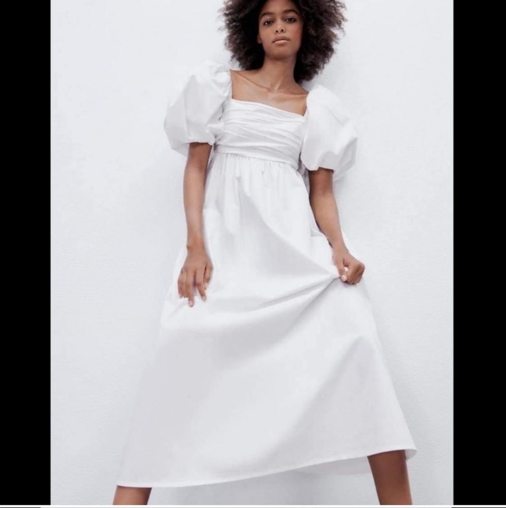 Zara White Puff-Sleeve Midi Dress - Picture 15 of 16